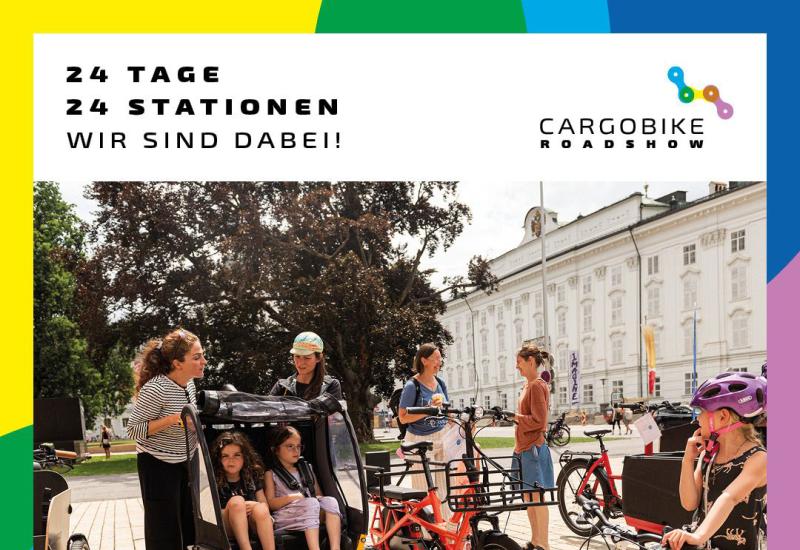 Plakat Cargobike Roadshow | Eltern und Kinder auf ihren Fahrrädern