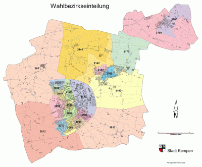 Stadtgebiet Kempen mit der Aufteilung der Wahlbezirke