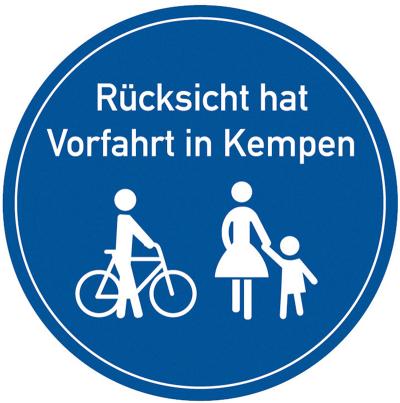 Grafik "Rücksicht hat Vorfahrt in Kempen" mit Piktogramm eines Fahrradfahrenden und Fußgängern