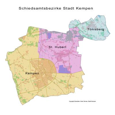 karte mit farblicher Unterteilung der Schiedsamtsbezirke der Stadt Kempen