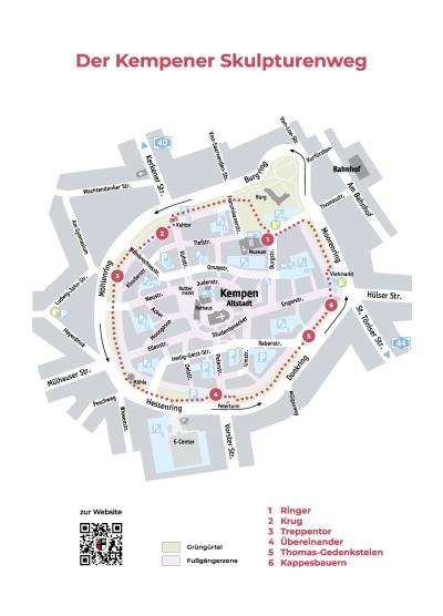 Stadtplan von Kempen mit eingezeichnetem Skulpturenweg