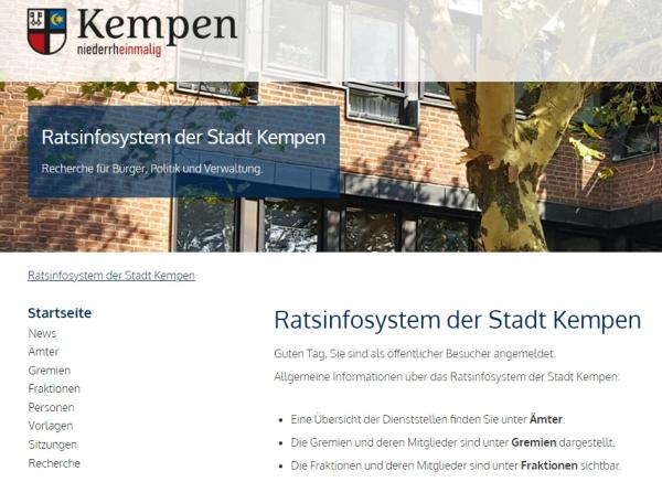 Screenshot der Startseite des Ratsinformationssystem der Stadt Kempen