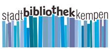 Logo als Grafik stellt blaue Buchrücken dar. Darüber schlängelt sich das Wort Stadtbibliothek Kempen