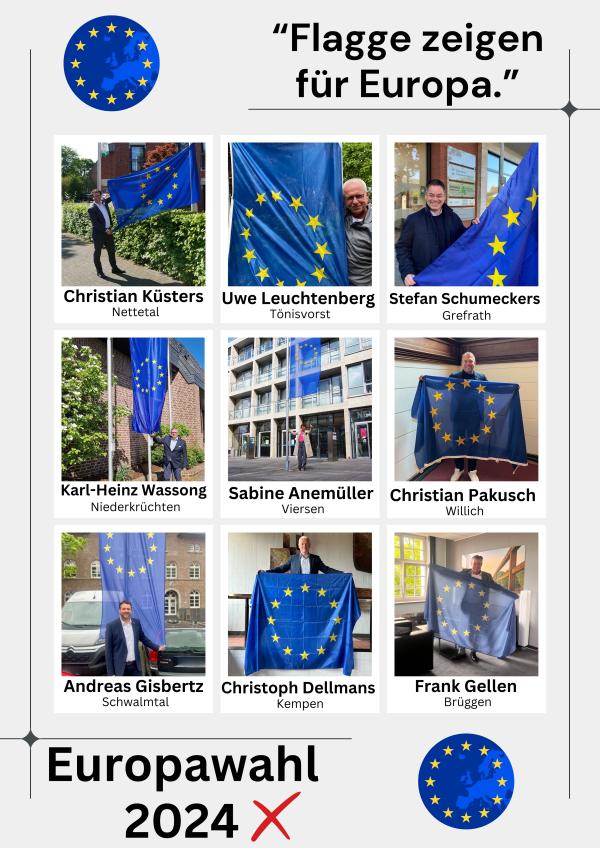 Bürgermeister aus dem Kreis Viersen halten eine Europaflagge in der Hand
