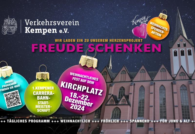 Plakat mit Weihnachtskugeln und der gotischen Propsteikirche Kempen