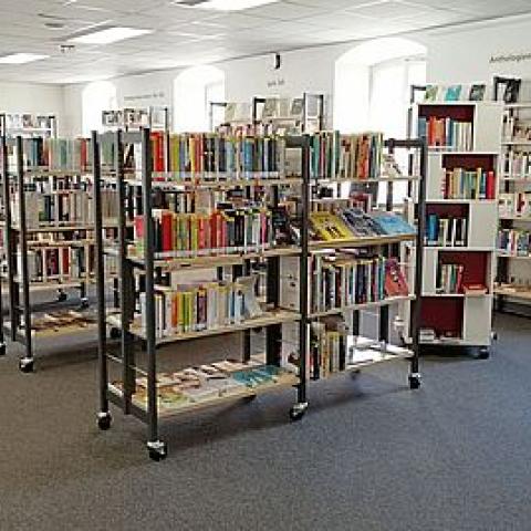 Blick auf niedrige Bücherregale, die einen Gesamtblick in die Romanwelt bieten ©Stadtbibliothek Kempen