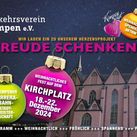 Plakat mit Weihnachtskugeln und der gotischen Propsteikirche Kempen